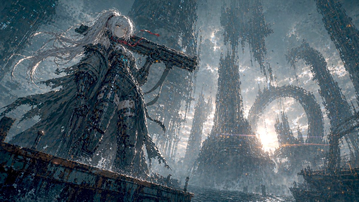 A mecha girl mid-teens, pale skin smudged with soo...